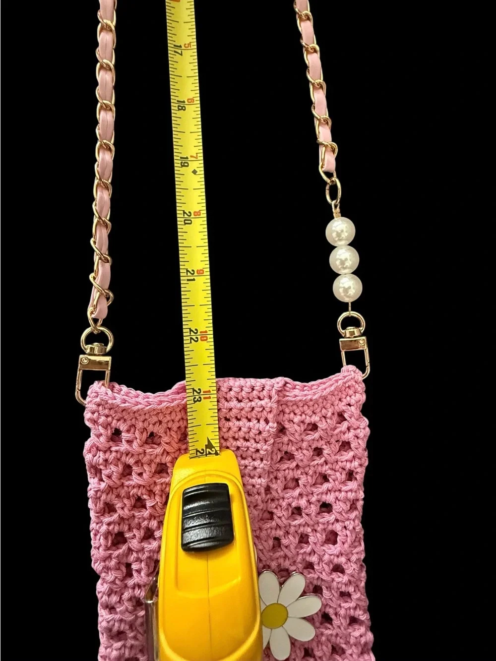 Pink Crochet Crossbody Phone Bag with Daisy Charm for Cell Phones